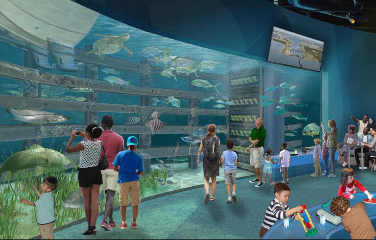 Rendering of the indoor locks exhibit featuring fish in an aquarium people are watching